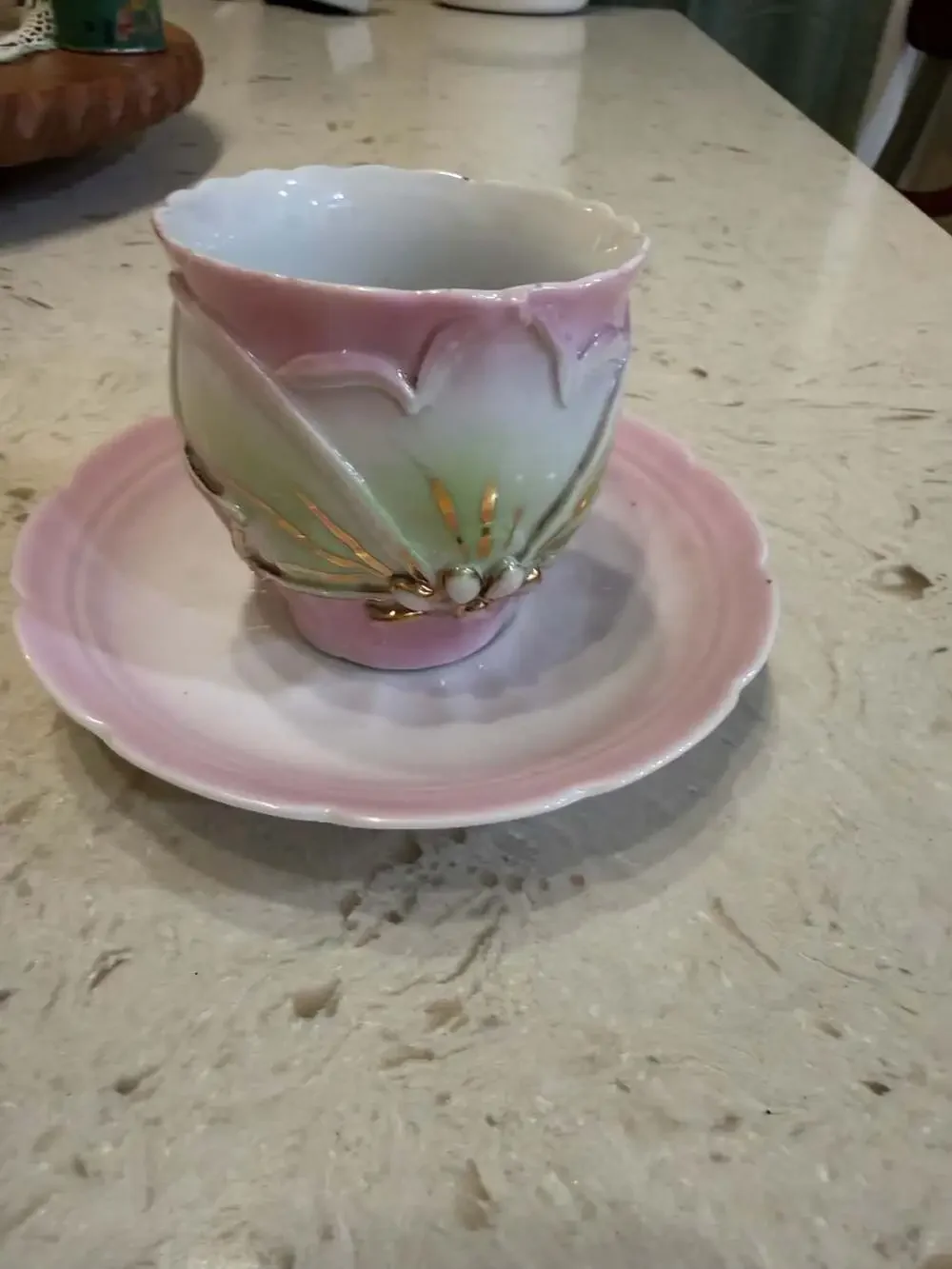 Vintage Lusterware Pink and Green Lotus Flower Teacup and Saucer Set